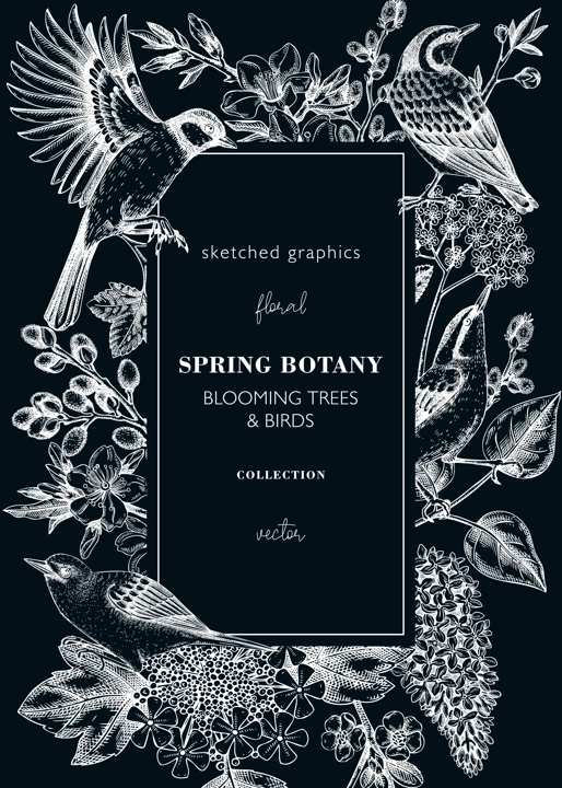 Vintage spring frame designs with birds, flowers, leaves and blooming tree branches. Almond, willow, rowan, willow, cherry blossom floral sketches for prints. Floral card or invitation template.